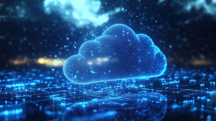A digital representation of a glowing cloud, made up of tiny blue particles, set against a dark, futuristic background.