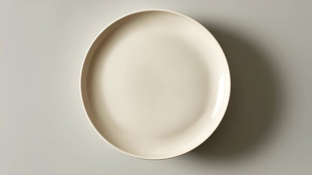 Empty white ceramic plate on light gray background, minimalist style.