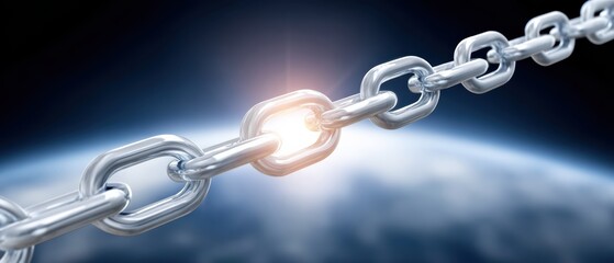 Obraz premium A close-up view of a metallic chain link glowing against a blurred Earth backdrop, symbolizing strength and connection.