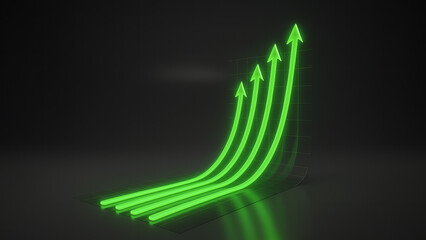 3D neon green growth arrows on dark background
