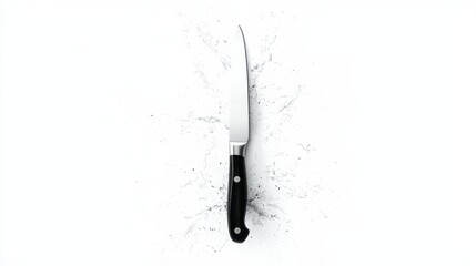 Top down shot shows shiny kitchen knife with black handle lying vertically on white background