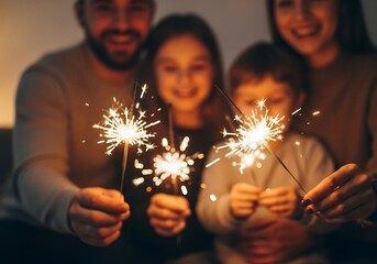 Happy family celebrates with sparklers indoors