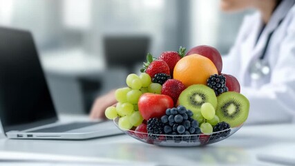 Colorful fruits displayed in a bowl on a workspace, promoting healthy eating habits and productivity with a laptop in the background