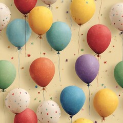 Colorful balloons floating with confetti on festive background