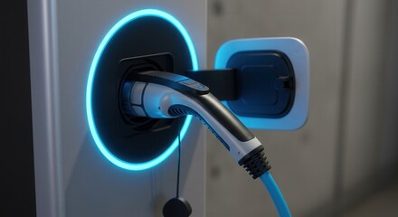 Electric vehicle charging station with plug inserted and glowing light  