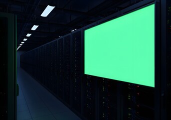 server room with green screen display