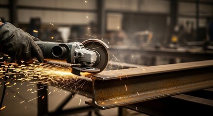 Industrial Worker Cutting a Metal Beam with an Angle Grinder, Creating Bright Sparks