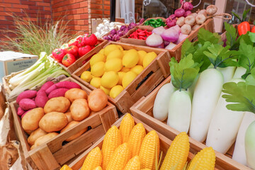 Fresh Fruits and vegetables at a farmer market,raw fruits,nutrition,organic,healthy eating or shopping in a grocery store.