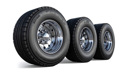 Three heavy-duty truck tires, set in a horizontal row, showcased against a clean white background, exhibiting high-quality chrome rims and detailed tread patterns.