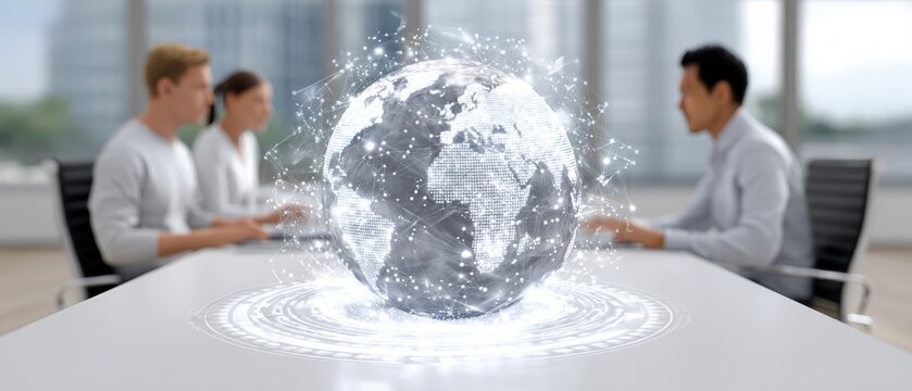 A futuristic business meeting featuring two individuals discussing over a holographic globe, symbolizing global connectivity and innovation.