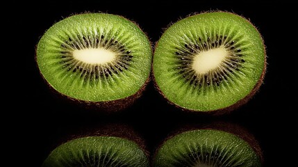 Vibrant sliced kiwi fruit with detailed texture and juicy seeds, presented beautifully against a dark background