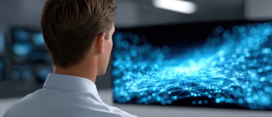 A professional person observes a digital display, showcasing a network of blue lights and connections, suggesting themes of technology and information.