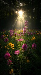 Obraz premium Radiant Rays Filtering Past Forest Flowers