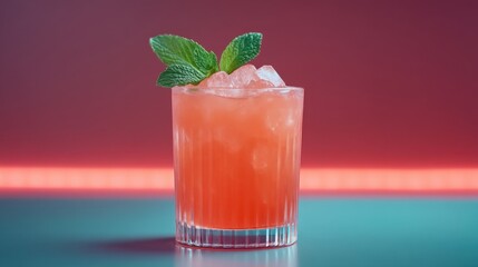 Obraz premium Refreshing cocktail with ice and mint leaves in a glass against a vibrant background featuring red and teal colors for summer beverage enjoyment