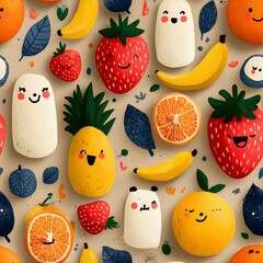 Pineapple strawberries and bananas with smiling faces illustration