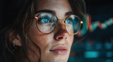 Close-up of a woman with glasses, looking up at a digital display with charts