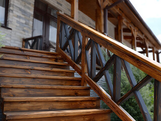 Wooden outdoor staircase with polished steps and decorative railing leading to the entrance of a modern house with brick facade.

