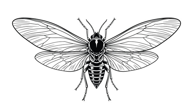 Detailed illustration of an adult insect with intricate wing veins and segmented body anatomy