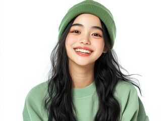 Smiling woman in green hat portrait of joy and fashion happy