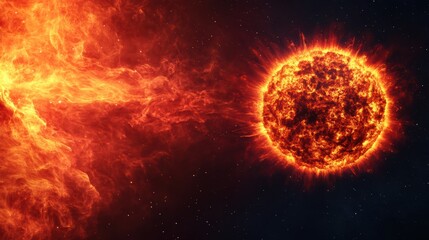 Naklejka premium A vibrant depiction of the sun surrounded by flames and cosmic elements, illustrating the intense energy and beauty of our star in space.