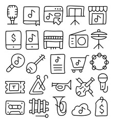 Hand drawn music icons set, doodle musical instruments, microphone, cassette, radio, guitar, trumpet, drum, piano, shopping cart, music note, store and concert symbols illustration