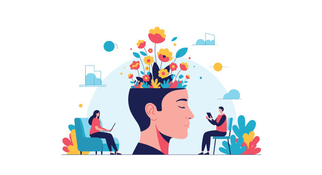 Illustrating the power of positive thinking and mental well-being through blooming creativity and inner peace