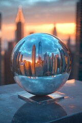 Reflections of Urban Grandeur: A Polished Crystal Sphere Encapsulates the Iconic New York City Skyline at Sunset, Featuring One World Trade Center in a Golden Hour Glow.