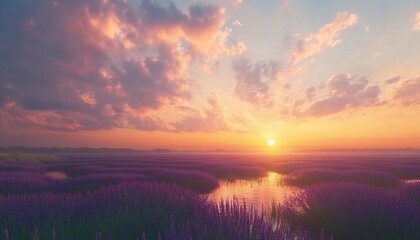Fototapeta premium A picturesque landscape featuring a vibrant sunset casting warm hues over a tranquil body of water surrounded by rows of blooming purple lavender plants.
