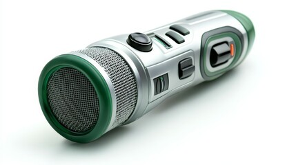Professional studio microphone silver and green design on white background for audio recording