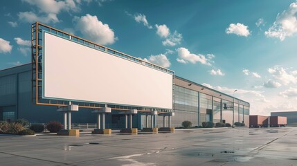 Fototapeta premium Empty Billboard Near Warehouse with Blue Sky and Clouds