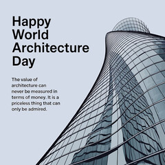 Vector art of modern architectural marvel with a unique curved glass facade, celebrating world architecture day with an inspiring quote about its value