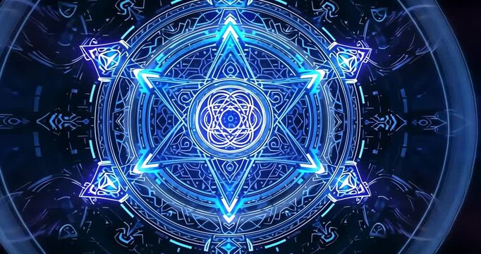 Advancing frames causing glowing mandala pulsing and rotating in dark void, with drifting particles - Powered by Adobe