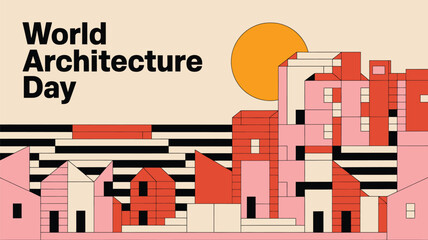 Vector art of world architecture day celebration with colorful abstract buildings and a bright sun in the background, graphic design