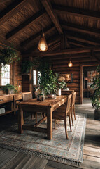 Fototapeta premium Cozy cabin interior features wooden dining table with chairs, surrounded by lush green plants and warm lighting. rustic wooden walls and ceiling create welcoming atmosphere