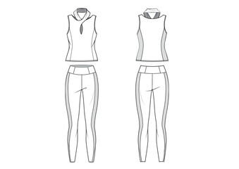 Women Sportswear Yoga Twisted Halter Neck Cut out Vest With Leggings Pants Matching Set, Front & Back View CAD, fashion flat sketch, Editable Flat Technical Drawings Illustration, Top Leggings Mock up