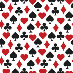 Seamless Playing Card Suit Pattern with Red and Black Symbols. Repeating hearts, diamonds, clubs, and spades design perfect for casino themes, games, and textiles. Bold and classic vector style.