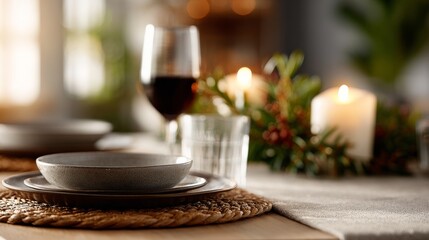 A beautifully set dining table with elegant tableware, a glass of wine, candles, and festive greenery, creating a warm and inviting atmosphere.
