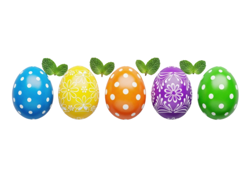 Five vibrant blue, yellow, orange, purple, green Easter eggs with white polka dots and floral patterns, fresh mint leaves, isolated on transparent studio background. Holiday promotion concept