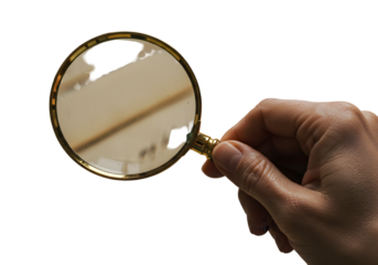 Hand Holding Gold Magnifying Glass Transparent Background Closeup