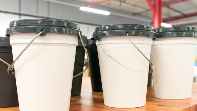 Several white and black plastic buckets