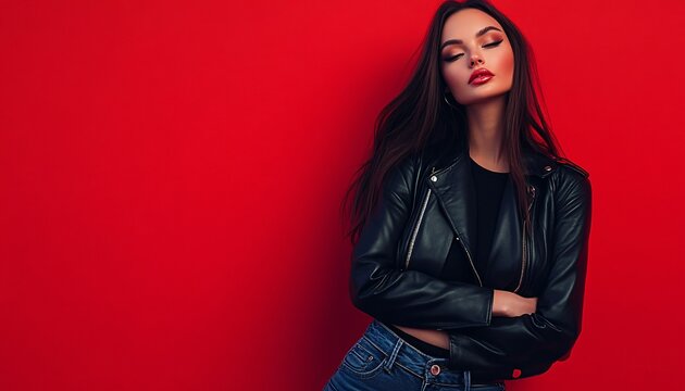 A stylish woman with long brown hair and red lipstick is wearing a black leather jacket and blue jeans while posing against a solid red background.