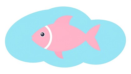 A delightful, simple pink fish swims within a light-blue cloud-like shape.