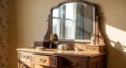 Ornate Antique Wooden Dressing Table with Mirror and Warm Sunlight