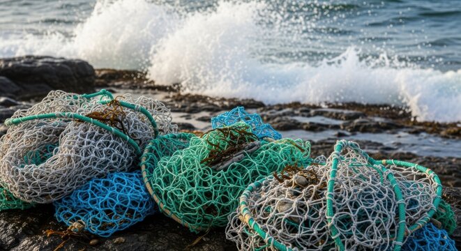 Medium shot of ecofriendly fishing nets made from recycled plastics resting on a rocky shoreline with waves crashing nearby