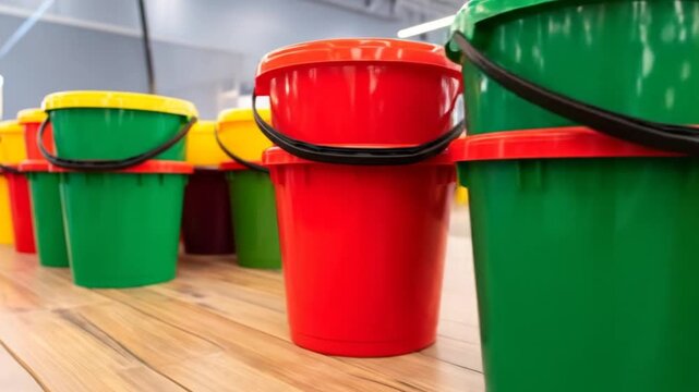Colorful plastic buckets on a wooden floor