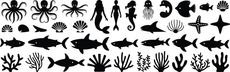 Underwater sea life silhouette vector set, includes fish, shark, mermaid, coral, shells, octopus, marine animals, ocean elements