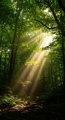 Fototapeta premium Forest sunlight streaming through thick green leaves