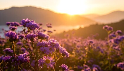 Fototapeta premium A vibrant field of purple flowers bathed in the golden light of sunrise, with a soft focus on the distant mountains.