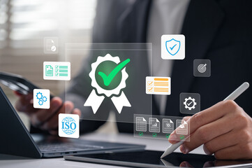 Corporate audit and compliance concept with ISO certification and digital checklists, office worker managing documents, assurance process, monitoring standards, improving business quality management