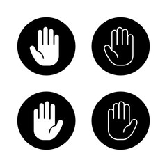 Palm hand icon set in black circle. Stop and attention gesture symbol